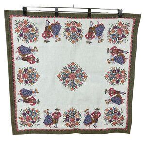 Vintage Jacquard Austrian Folk Art Square Tablecloth Bavarian Dancers Florals